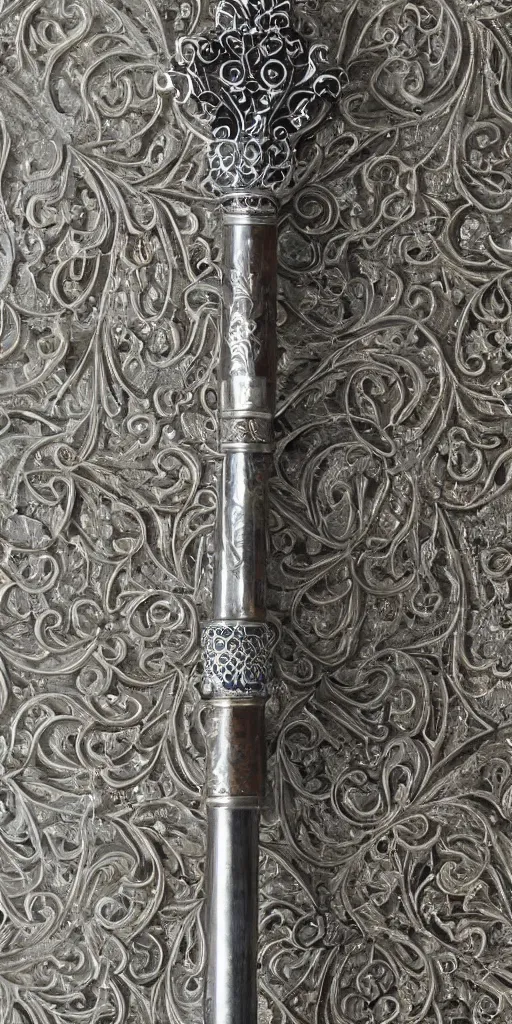 Image similar to a gravity hammer made out of damascene and ornate silver filigree