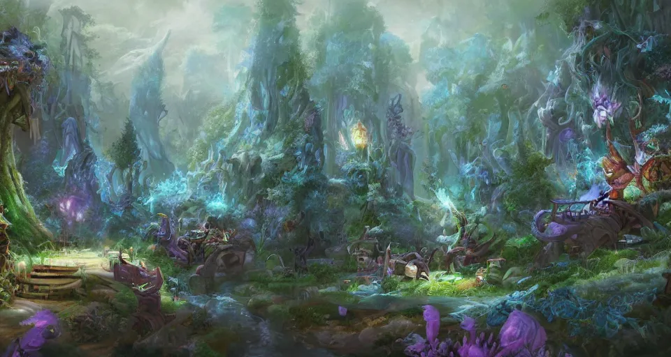 Prompt: Enchanted and magic forest, by Blizzard Concept Artists