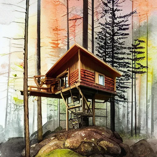 Image similar to Ramped Entrance - 'Woodnest' Cabin Is a Tiny Self-Supported Tree House in This Norwegian Forest, orange dawn, Nice colour scheme, soft warm colour. Studio Gibli. Beautiful detailed watercolor by Lurid. (2022)