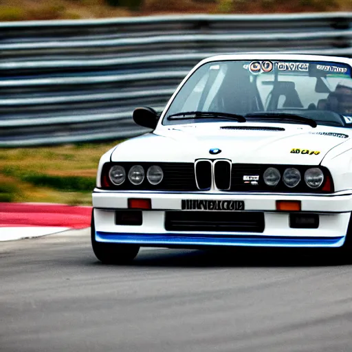 Prompt: a rolling shot of a modified bmw e 3 0 with lights on, on a street race track, motion blur, 1 5 0 mm lens