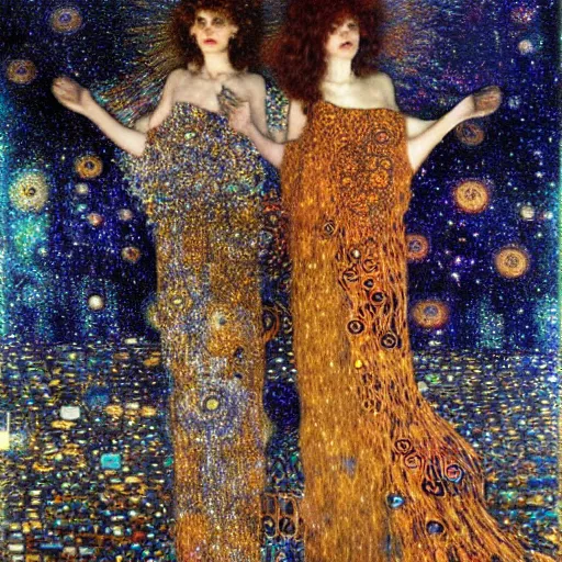 Image similar to dreamy angels, in the cosmos, intricate long shelve robes, intricate detail, klimt, royo,