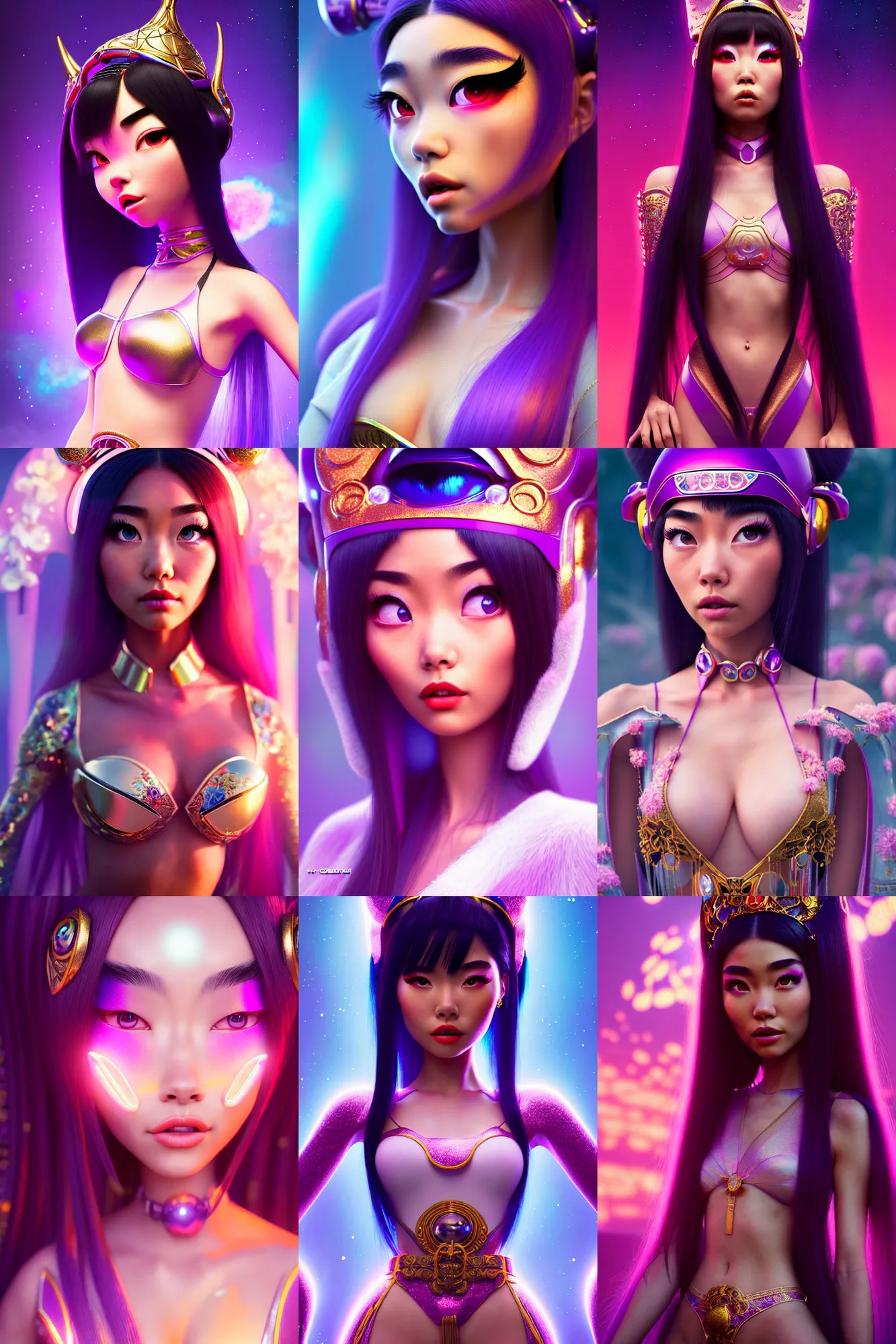 Prompt: pixar woman madison beer as an edm japanese queen | soft creamy polished decadent alluring ornate masterpiece | weta disney movie still portrait photo | sci fi, fantasy, film, 8 k, highly detailed, artstation, realism | beeple, artgerm, mucha, wlop, loish |