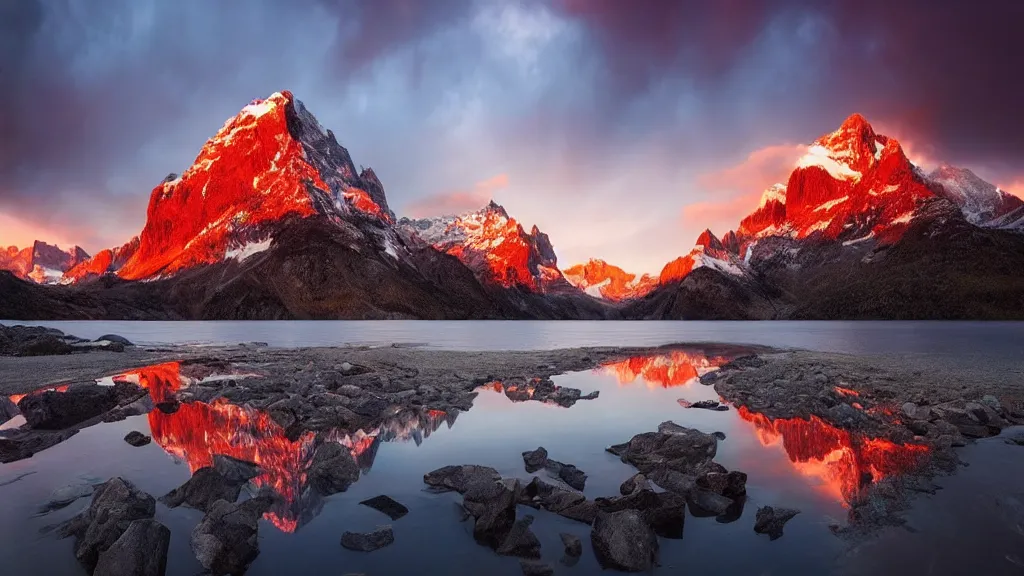 Image similar to amazing landscape photo of mountains with lake in sunset by marc adamus, beautiful dramatic lighting