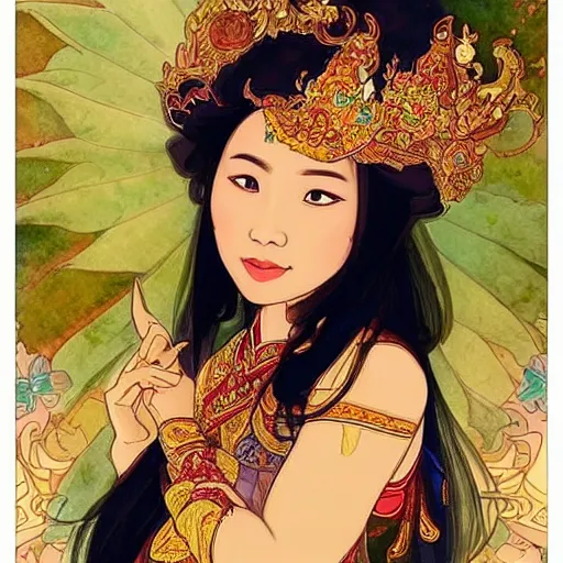 Prompt: Watercolor painting style, beautiful Thai princess by kittichai rueangchaichan, floralpunk, Artstation, art nouveau aesthetic, Alphonse Mucha background, intricate details, photo realistic, dramatic