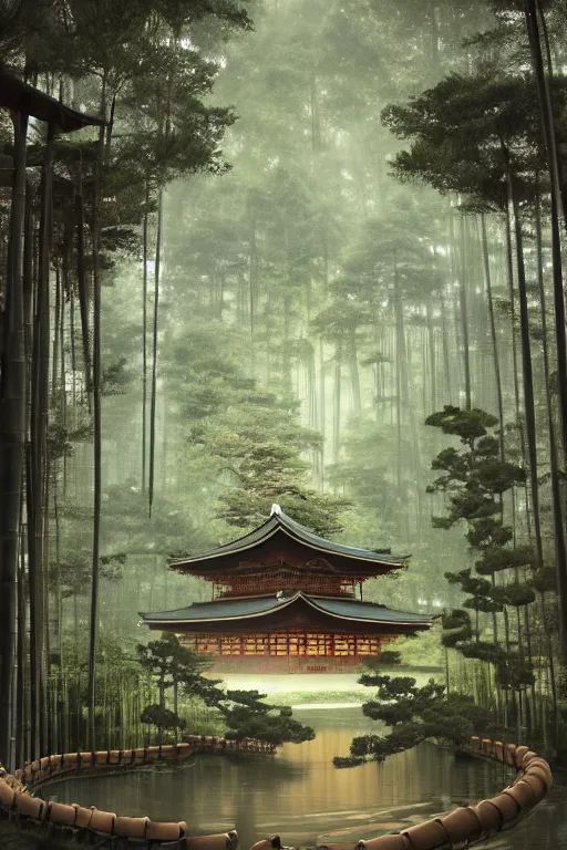 Image similar to Japanese Buddhist temple in the middle of a forest of bonsai and bamboo, powerfull, intricate, elegant, volumetric lighting, digital painting, highly detailed, artstation, sharp focus, illustration, concept art, ruan jia, steve mccurry