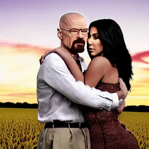 Prompt: walter white hugging kim kardashian, in a farm field, sunset