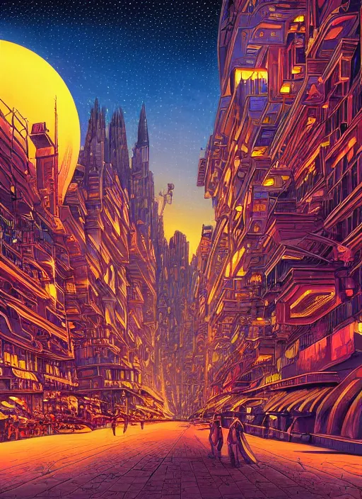 Image similar to ethereal starlit city at sunset, italian futurism, da vinci, Dan Mumford, Josan Gonzalez