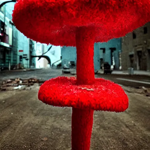 Prompt: beautiful dystopian deserted overgrown city red mushroom, muppets