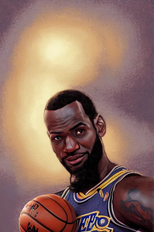 Image similar to male cottagecore nba LeBron Raymone James Sr holding a basketball, intricate, swagger, highly detailed, digital painting, artstation, concept art, smooth, sharp, focus, illustration, art by artgerm and greg rutkowski and alphonse mucha