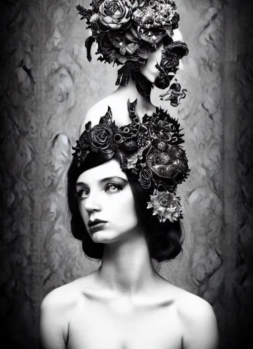Image similar to a black and white high quality dreamy photo of a young beautiful female queen-pale dragon-vegetal-many big steampunk flowers-cyborg bust with a very long neck, elegant, highly detailed, poetic, soft, dreamy, mysterious, high fashion, in the style of Diane Arbus, Realistic, Refined, Digital Art, Highly Detailed, Cinematic Lighting, rim light, black and white, photo-realistic, 8K