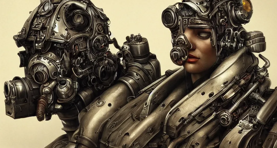 Prompt: “ a extremely detailed stunning portraits of dieselpunk cyborg by allen william on artstation ”