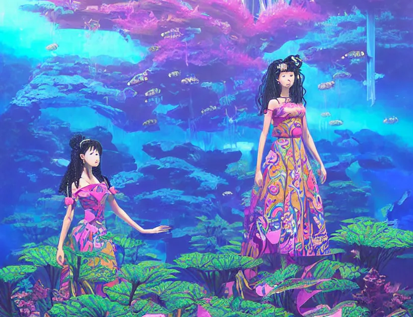 Image similar to aztec scifi princess in a planted aquarium, wearing a lovely dress with vaporwave elements. this oil painting by the award - winning mangaka has an interesting color scheme and impeccable lighting.