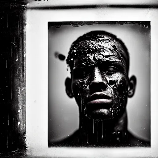 Image similar to A wet-collodion portrait of a man who comes back from a horrific war, he stares into the distance as his eyes show glimmers of hope, depth of field, 50mm lens, studio lighting, high contrast