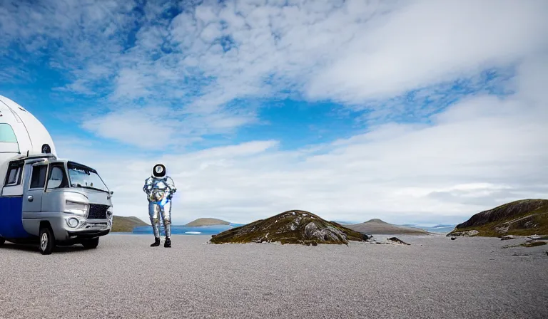 Image similar to tourist astronaut wearing futuristic space suit, standing in the Isle of Harris, Scotland, a futuristic silver campervan in the background, wide angle lens, photorealistic