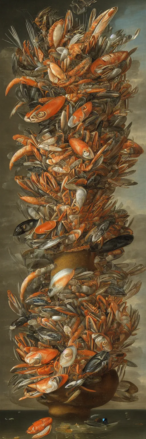 Image similar to A vase of seafood under the sea by Balthasar van der Ast, hyper detailed oil painting