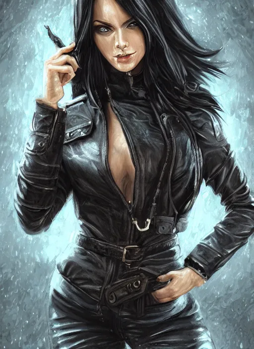 Image similar to a black haired woman in a leather jacket, muscular upper body, abs, d & d, fantasy, intricate, elegant, highly detailed, digital painting, artstation, concept art, smooth, sharp focus, illustration, art by cyril rolando