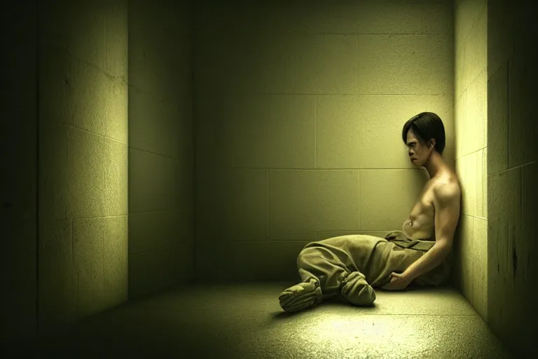 Image similar to an ultra realistic, cinematic, fantasy, portrait, of a prisoner, dramatic, soft light, facial features, stood in a cell, with prison clothing, detailed, deep focus, movie still, dramatic lighting, ray tracing, by michal karcz and yoshitaka amano