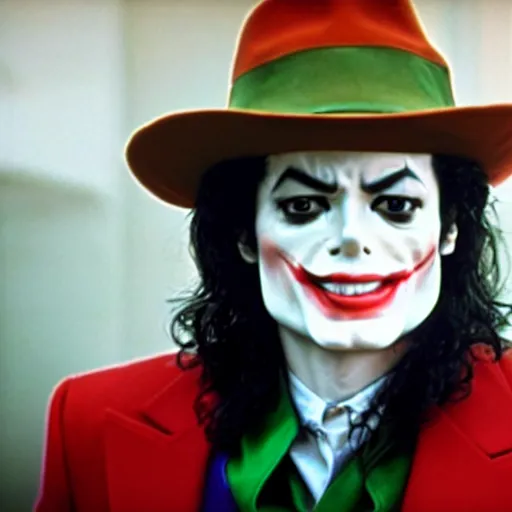 Image similar to a film still of Michael Jackson starring as The Joker, 40mm lens, shallow depth of field, split lighting, cinematic