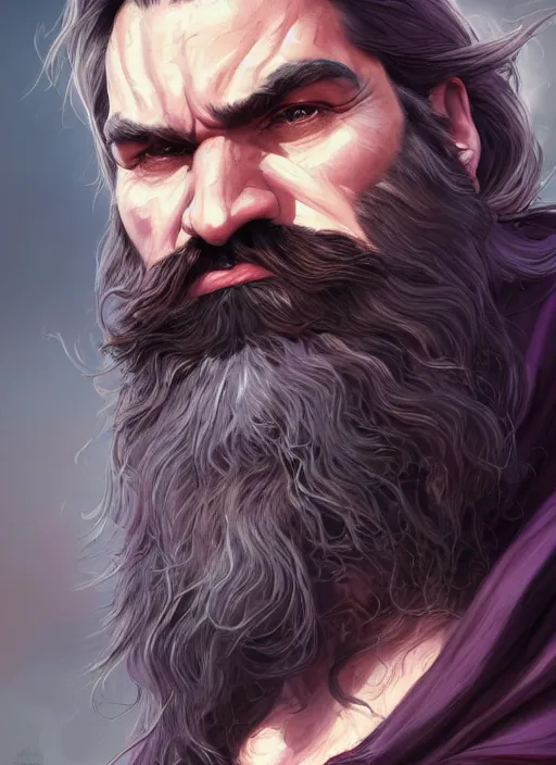 Prompt: portrait of a hulky herculean well groomed man with flowing long deep violet hair, epic beard, style of assassin's creed, intricate, elegant, highly detailed, digital painting, artstation, concept art, smooth, sharp focus, illustration, art by artgerm and greg rutkowski and alphonse mucha, 8 k