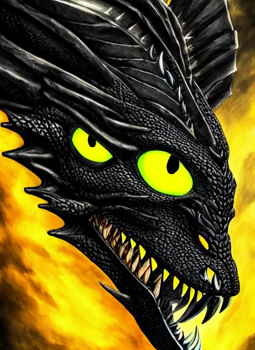 Image similar to closeup portrait of black dragon head with yellow eyes, ultra realistic, fantasy, magic, dnd,