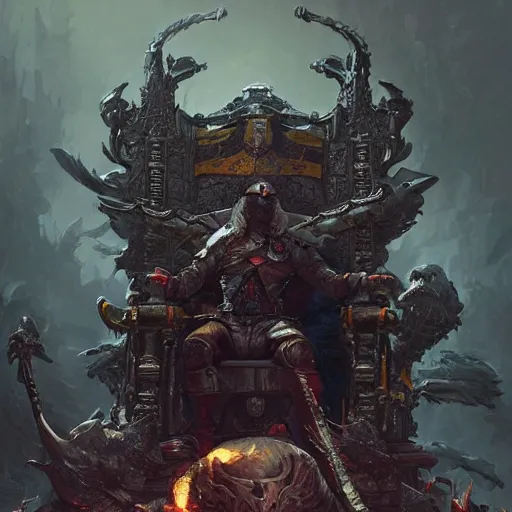 Prompt: joe biden atop a throne of skulls, fantasy, highly detailed, digital painting, artstation, cigarette, concept art, sharp focus, illustration, octane render, art by artgerm and greg rutkowski and magali villeneuve, dark color scheme