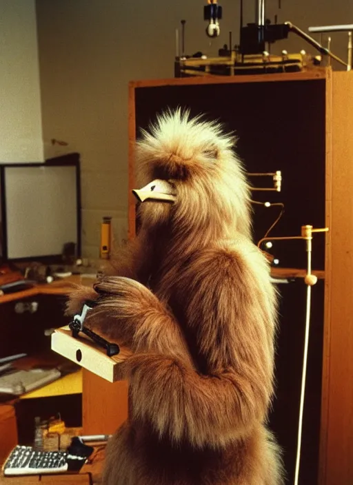 Prompt: realistic photo of a a hairy furry fluffy birdman, very long beak, in a living room sci - fi laboratory with many wooden gadgets made of wood interior is made of wood 1 9 9 0, life magazine reportage photo, natural colors