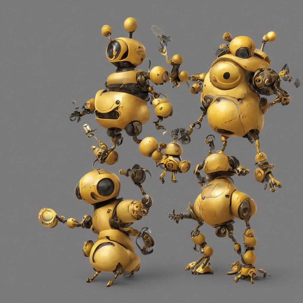 Image similar to , a small chubby bot, smooth panelling, one large gold eye intricate detail, style of pokemon, with damaged rusty arms, broken antenna, recycled, floating, white studio, oil, mechanical, toy, ambient light, in the style of pixar animation, pokedstudios, blender, octane render, 8 k, gediminas pranckevicius