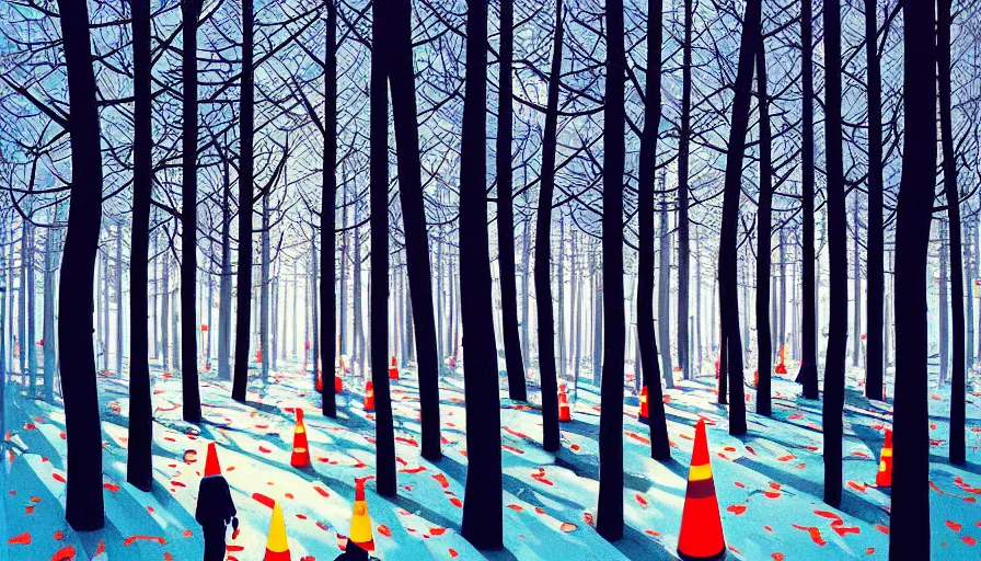 Image similar to safety cones scattered around an oak tree forest in winter, by james jean by ilya kuvshinov kintsugi, hyper detailed surrealist painting