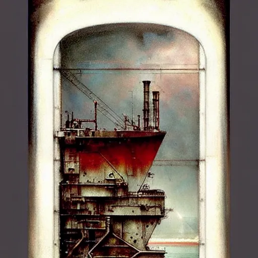 Image similar to ( ( ( ( ( 1 9 5 0 s retro future industrial steam ship window. muted colors. ) ) ) ) ) by jean baptiste monge!!!!!!!!!!!!!!!!!!!!!!!!! chrome red