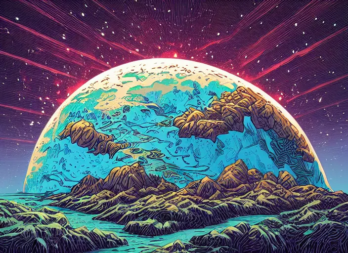 Prompt: The first day of the earth by Dan Mumford, detailed illustration, trending on Artstation