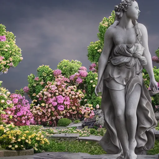 Image similar to a marble statue covered in flowers, full frame, cinematic light, 8k, hyper detailed , unreal engine,