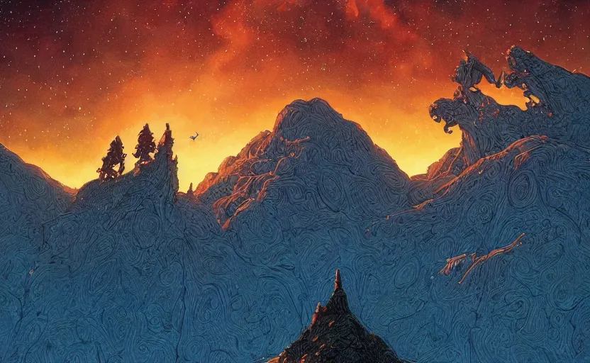 Prompt: mountains, stars and paisley filled sky, artstation, intricate, highly detailed, digital painting, concept art, sharp focus, illustration by Michael Whelan and Enki Bilal