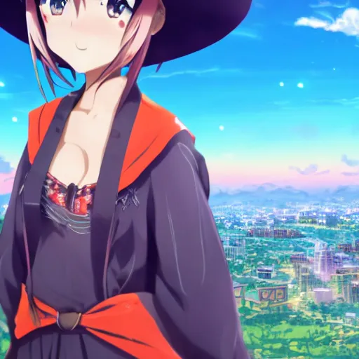 Prompt: closeup of an Anime girl wearing a sombrero vueltiao\' with the city of Armenia Quindio in the background, Artwork by Makoto Shinkai, official media, 8k, wallpaper, high definition, wallpaper, hd, digital artwork