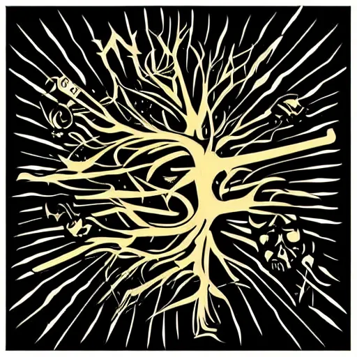 Image similar to dark death metal themed vector illustration for a record label, trees. forest, spikes, skull, microphone, skull, award winning, grunge, iconic, golden ratio