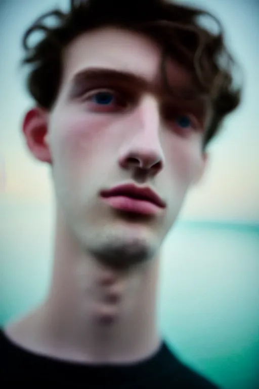 Prompt: high quality pastel coloured film mid angle docu photograph of a beautiful young 2 0 year old male, soft features, short black hair, extremely oversized!!! clothing!! next to icelandic black rock pool environment. atmospheric. three point light. photographic. art directed. ( pastel colours ). volumetric light. clearcoat. waves glitch. 8 k. filmic.