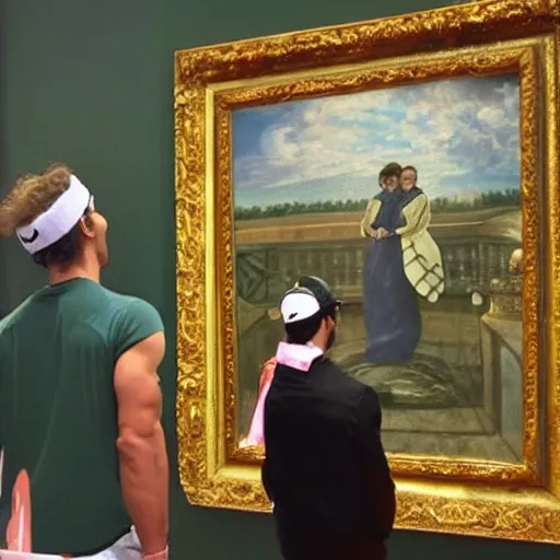 Prompt: nadal looking at a painting of himself