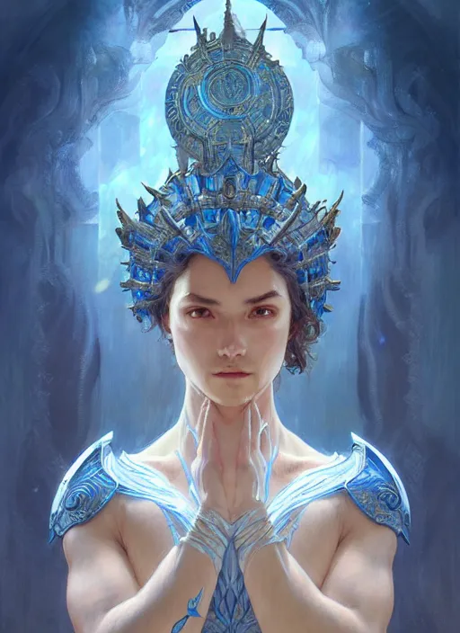 Image similar to a god of water wearing blue armor, with hands and hair turning into wearing, fantasy, intricate, elegant, highly detailed, digital painting, artstation, concept art, wallpaper, smooth, sharp focus, illustration, art by artgerm and greg rutkowski and alphonse mucha