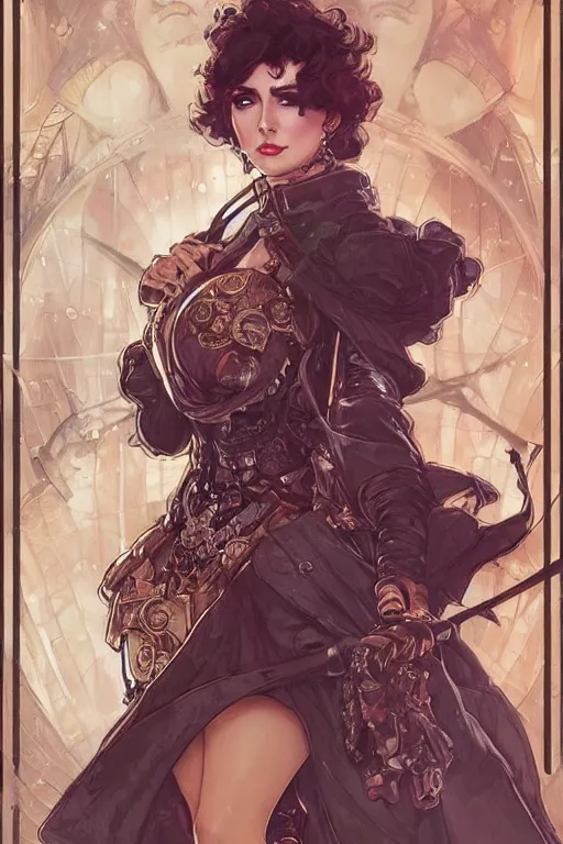 Image similar to evil elizabeth taylor steampunk half - cyborg cowgirl, pelt coats, high fantasy, dnd, smooth, sharp focus, illustration, highly detailed, digital painting, artstation, concept art, by rossdraws, alphonse mucha, frank fanzzeta, collectible card art