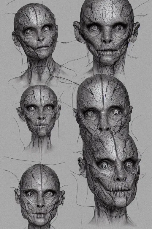 Image similar to french facial anatomy with gunmetal grey skin, medical anatomy, very symmetrical face, highly detailed, three - perspective / three - view reference sheet ( front / back / side ), in the style of dan ouellette, steven jung, amanda lilleston, hr giger, sil from species, dren from splice, mecha, artstation, unreal engine