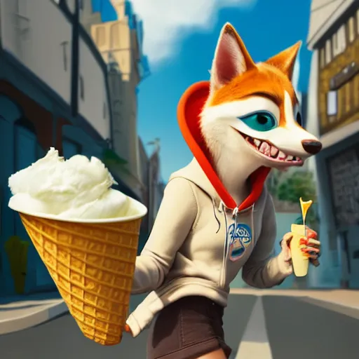 Image similar to furry art of female shark walking down the street holding an icecream cone, digital art, artstation, 4K, detailed, wearing yellow hoodie, zootopia, detailed face, anthromorphic,