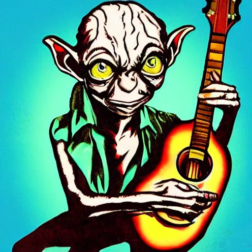 Image similar to gollum pop-art, rock-n-roll, guitar