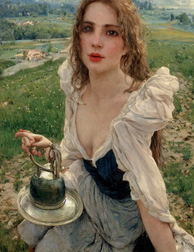 Image similar to tempting peasant girl with deep seductive décolleté looking in the camera, on a village, high angle view, portrait, Cinematic focus, Polaroid photo, vintage, neutral colors, soft lights, foggy, by Steve Hanks, by Serov Valentin, by lisa yuskavage, by Andrei Tarkovsky 8k render, detailed, oil on canvas