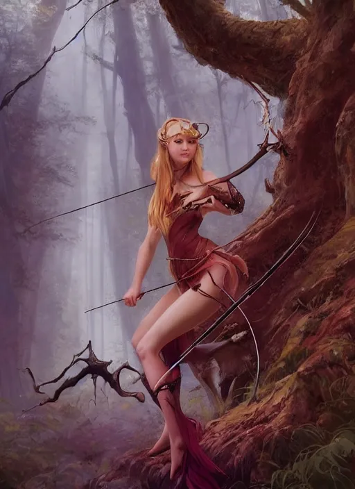 Image similar to A beautiful digital painting of a lovely princess in the mirkwood forrest holding a bow and arrow looking at the camera by Stanley Artgerm Lau, frank frazetta, Rossdraws, James Jean, gerald brom, Andrei Riabovitchev, Marc Simonetti, and Sakimichan, trending on artstation