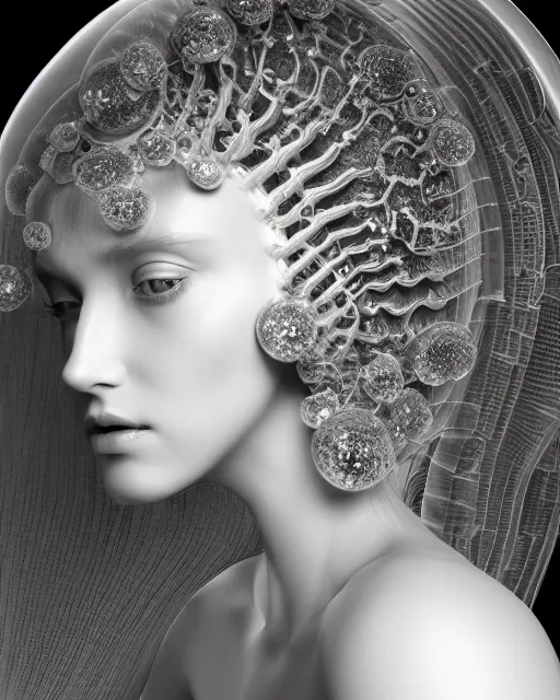 Image similar to mythical dreamy black and white organic bio-mechanical spinal ribbed profile face portrait detail of translucent steampunk bio-mechanical beautiful female angelic-human-queen-vegetal-cyborg, highly detailed, intricate crystal jelly ornate, poetic, 3D render, digital art, octane render, 8K artistic photography, photo-realistic, by Dora Maar