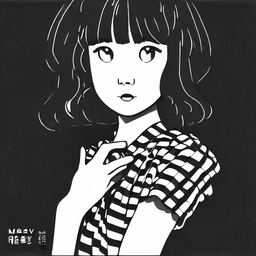 Prompt: the city pop cover art of plastic love by mariya takeuchi in an anime style. black and white photograph