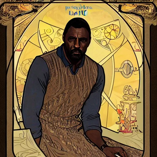 Prompt: idris elba portrait by louis - theophile hingre and alphonse mucha, realistic, sharp focus, zodiac signs, tarot cards, planets, ethereal, art nouveau, magic, moon, sun, crown, dreamy, royal, jewellery