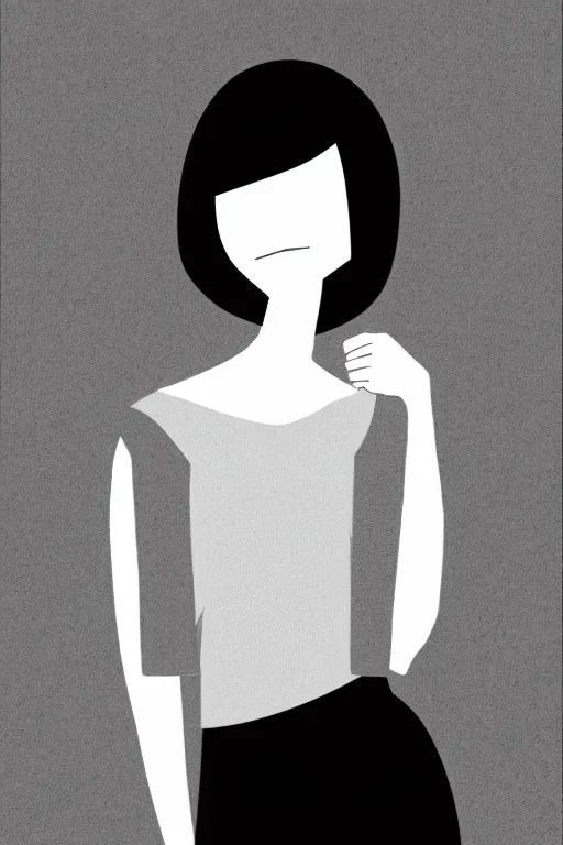 Prompt: portrait of a girl in long pants and a top, hands in pockets, eyes closed, bob haircut, digital art, black and white, manga style