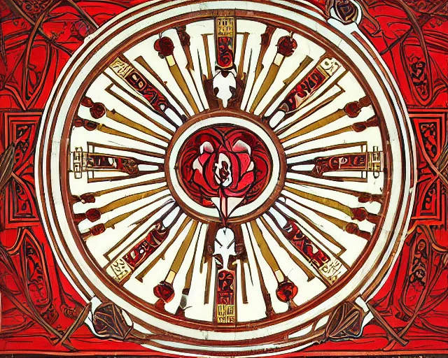 Image similar to symmetrical mural painting from the early 1 9 0 0 s in the style of art nouveau, red curtains, art nouveau design elements, art nouveau ornament, scrolls, flowers, flower petals, rose, opera house architectural elements, mucha, masonic symbols, masonic lodge, joseph maria olbrich, simple, iconic, masonic art, masterpiece