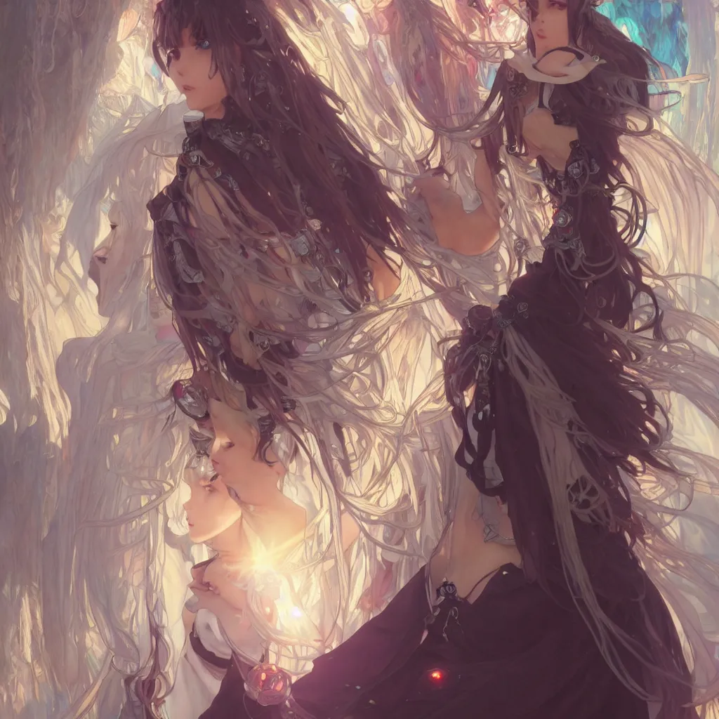Image similar to 1 krenz cushart and alfons mucha detailed close portrait digital concept of anime cyber fairy, cute, gothic, epic sunbeam and church in background, unreal engine, hyperrealism, cinematic composition, blender render, octane render, hdr, detailed textures, trending on artstation, award winning artwork, 8 k,