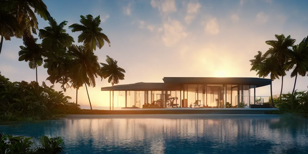 Prompt: modern house in a tropical setting, a view of the beach, coconut trees, sunset, photorealism, beautiful, cinematic dramatic atmosphere, volumetric cinematic perfect light, detailed octane render trending on artstation, 8 k, by chris hytha and jag studio